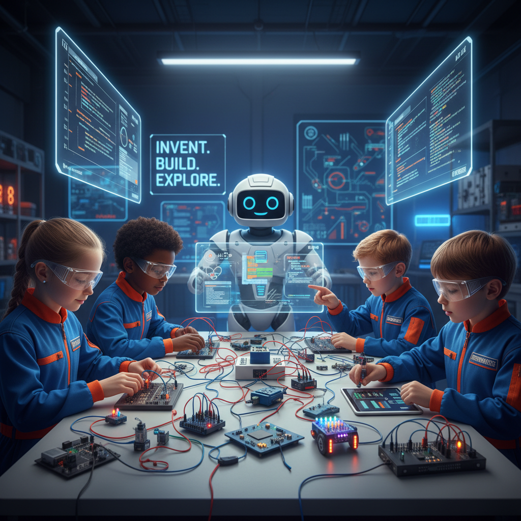 Kids working with robots